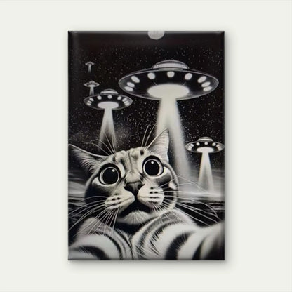 Whimsical Cat & UFO Adventure Oil Painting 60x90cm Metal Print Ready to Hang