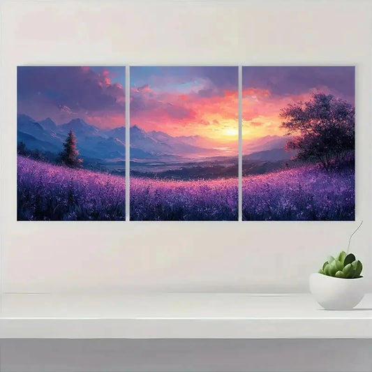 3pcs Soft Pastel Floral Fields with Mountains Metal Print Ready to Hang Art
