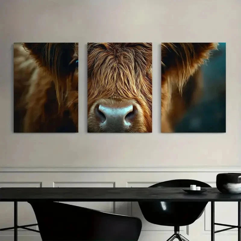 3pcs Brown Highland Cow with Long Hair Metal Print Ready to Hang Art