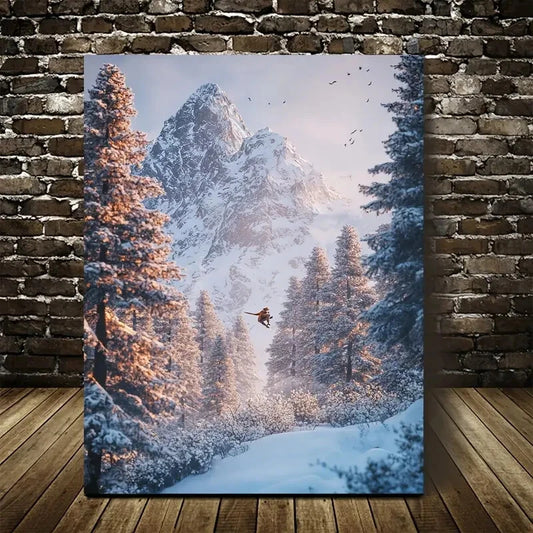 Beautiful Snowy Mountain Squirrel Scene Pine Painting 40x60cm Metal Print Ready to Hang
