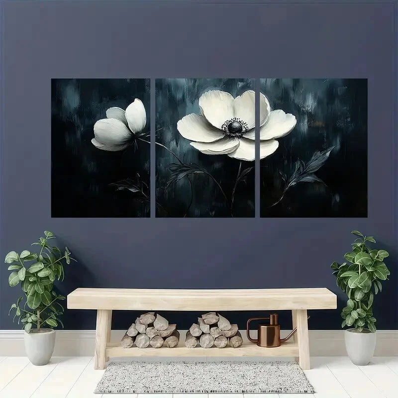 3pcs Abstract Elegant Black and White Floral Metal Print Ready to Hang Art