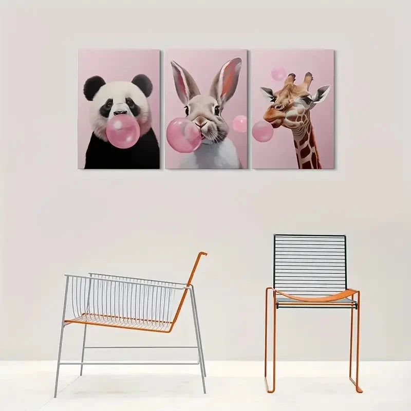 3pcs Adorable Animal Panda Rabbit Giraffe Blowing Metal Print Ready to Hang Art