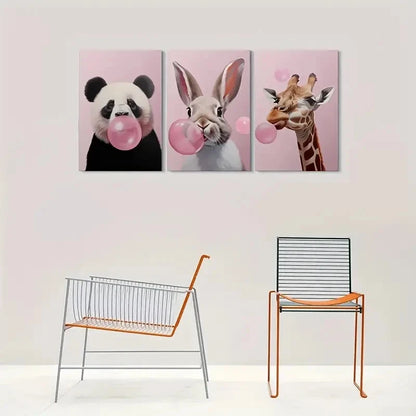 3pcs Adorable Animal Panda Rabbit Giraffe Blowing Metal Print Ready to Hang Art