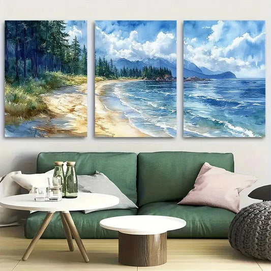 3pcs Vancouver Island, Canada Watercolor Beach Metal Print Ready to Hang Art