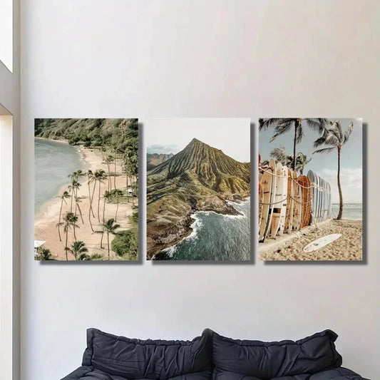3pcs Mountain Surfing And Coastal Beach Scenes Metal Print Ready to Hang Art