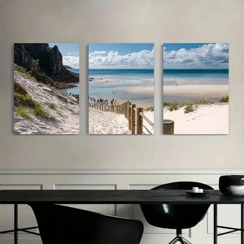 3pcs Beach with White Sand & Ocean View Metal Print Ready to Hang Art