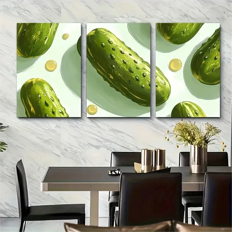 3pcs Vibrant Green Pickles with Golden Highlights Metal Print Ready to Hang Art