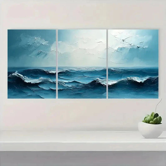 3pcs Abstract Ocean Waves Decorative Painting Metal Print Ready to Hang Art