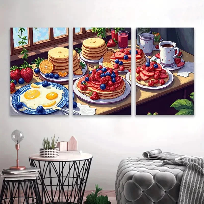 3pcs Pancakes and Fruit Food Art Wall Art Set Canvas Framed 50x70cm - High Quality Print 100% Australian Made Wall Canvas Ready to Hang
