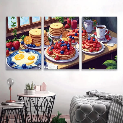 3pcs Pancakes and Fruit Food Art Wall Art Set Canvas Framed 50x70cm - High Quality Print 100% Australian Made Wall Canvas Ready to Hang
