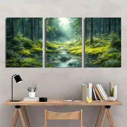 3pcs Dark Misty Woodland Scene with Sunlight Metal Print Ready to Hang Art