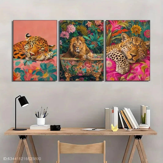 3pcs Lion in Bathtub Vivid Minimalist Poster Metal Print Ready to Hang Art