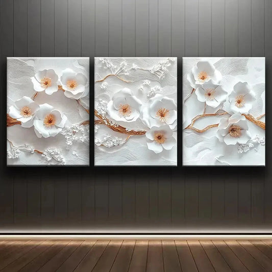 3pcs Elegant White Flower Tree Classic & Modern Metal Print Ready to Hang Art
