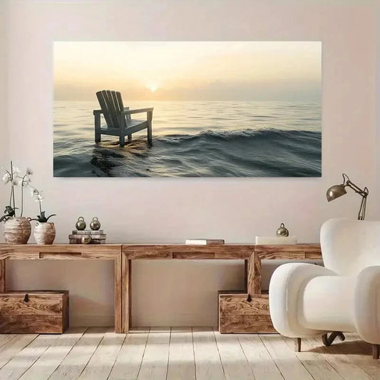 Beach Chair on Calm Sea wall canvas office home room framed 120x60cm - Bella Home Decor