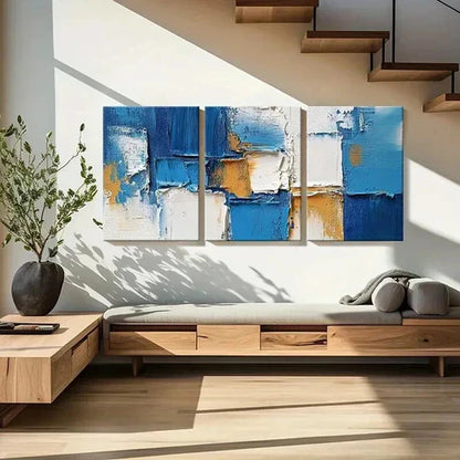 3pcs Abstract Blue Textured Geometric Wall Art Set Canvas Unframed - High Quality Print 100% Australian Made Wall Canvas