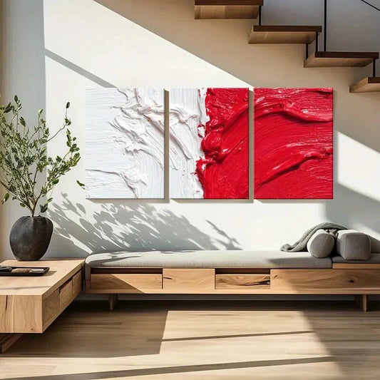 3pcs Abstract Art Red White Contrast Design Metal Print Ready to Hang Art