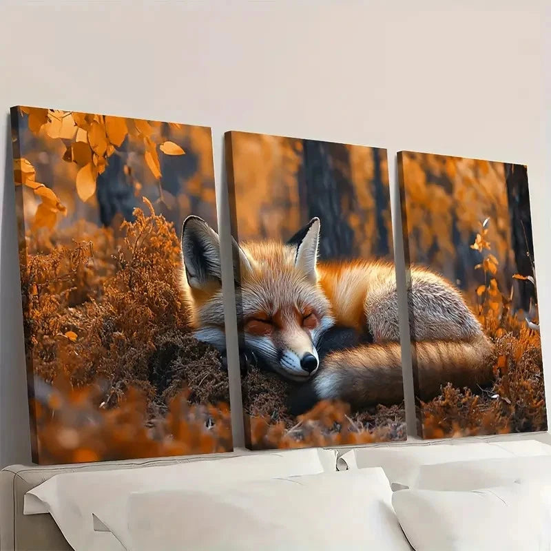 3pcs Sleeping Fox in Forest Scene A Wall Art Set Canvas Framed 40x60cm - High Quality Print 100% Australian Made Wall Canvas Ready to Hang