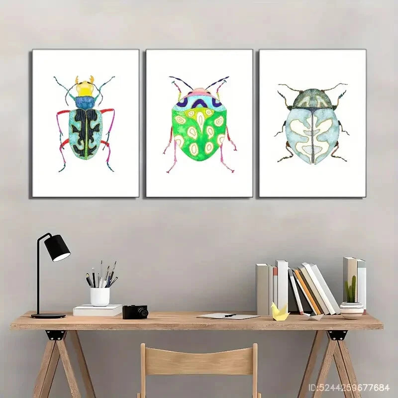 3pcs Light Blue Beetle Art Print Beautiful Bug Art Metal Print Ready to Hang