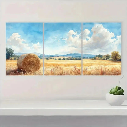3pcs Rustic Watercolor Haystacks Art Print Metal Print Ready to Hang Art