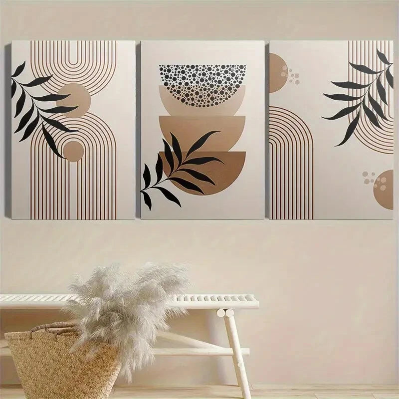 3pcs Neutral Tone Geometric & Leaf Metal Print Ready to Hang Art