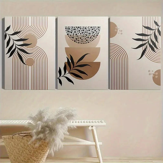 3pcs Neutral Tone Geometric & Leaf Metal Print Ready to Hang Art