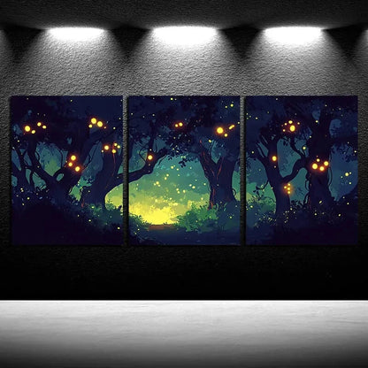 3pcs Fluorescent Forest Mystical Night Scene Metal Print Ready to Hang Art