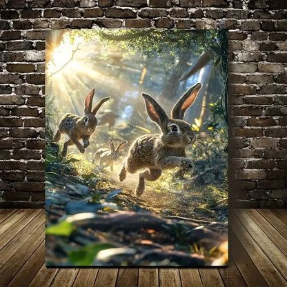 Enchanting Rabbit Chase Scene with Sunlit Painting  40x60cm Metal Print Ready to Hang