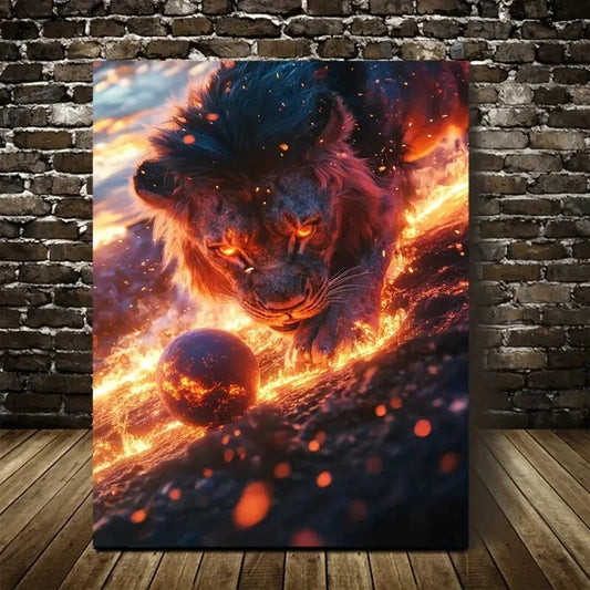 Glowing Embers Scene Sunlit Vibrant Lion Painting 40x60cm Metal Print Ready to Hang