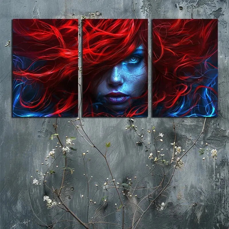3pcs Vibrant Mysterious Girl Face Theme Metal Print Ready to Hang Art