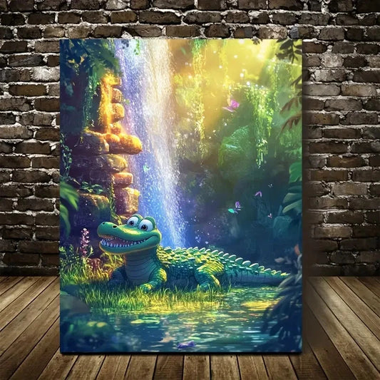 Cartoon Style Scene of Crocodile Rolling Painting 40x60cm Metal Print Ready to Hang