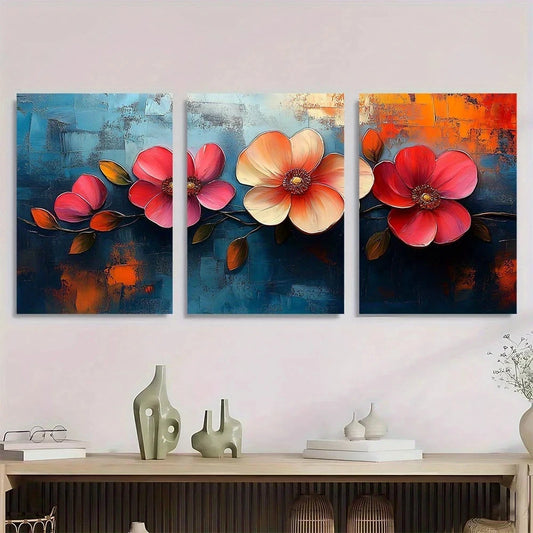 3pcs Modern Vibrant Abstract Flower Metal Print Ready to Hang Art