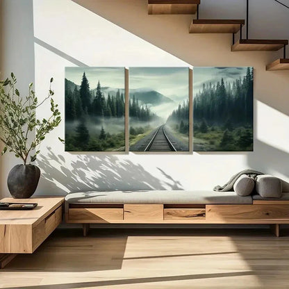 3pcs Misty Forest Railway Tracks Mountain Lands Metal Print Ready to Hang Art