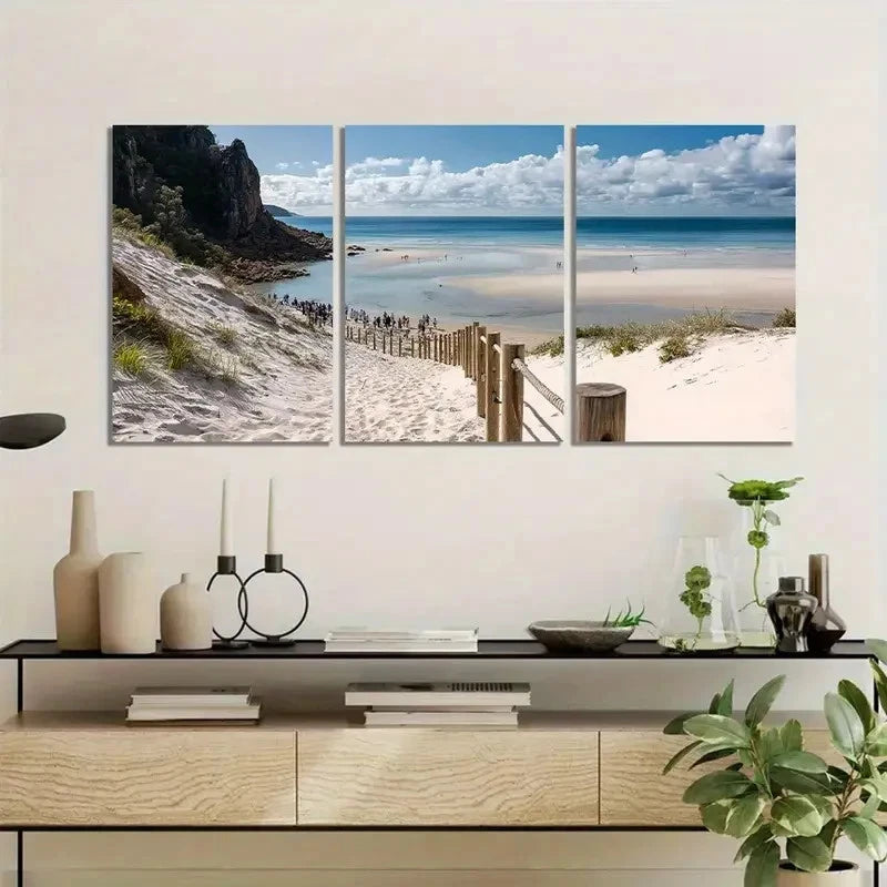 3pcs Beach with White Sand & Ocean View Metal Print Ready to Hang Art
