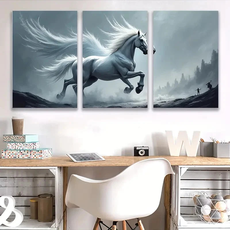 3pcs White Horse Flew By With Wings Wall Art Set Canvas Framed 40x60cm - High Quality Print 100% Australian Made Wall Canvas Ready to Hang