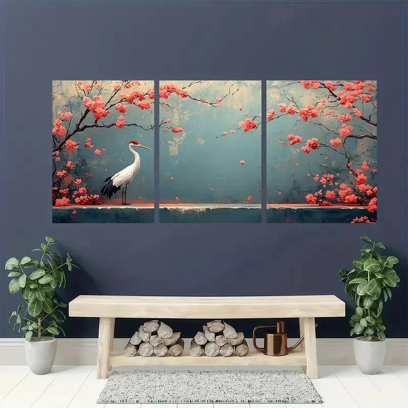 3pcs Japanese Cherry Blossoms & Crane Metal Print Ready to Hang Art