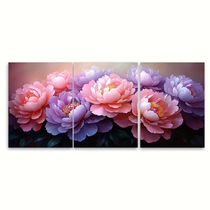 3pcs Purple Pink Peony Flower Bouquet Metal Print Ready to Hang Art