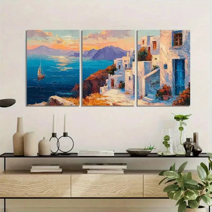 3pcs Oil Painting Vibrant Coastal Scene Metal Print Ready to Hang Art