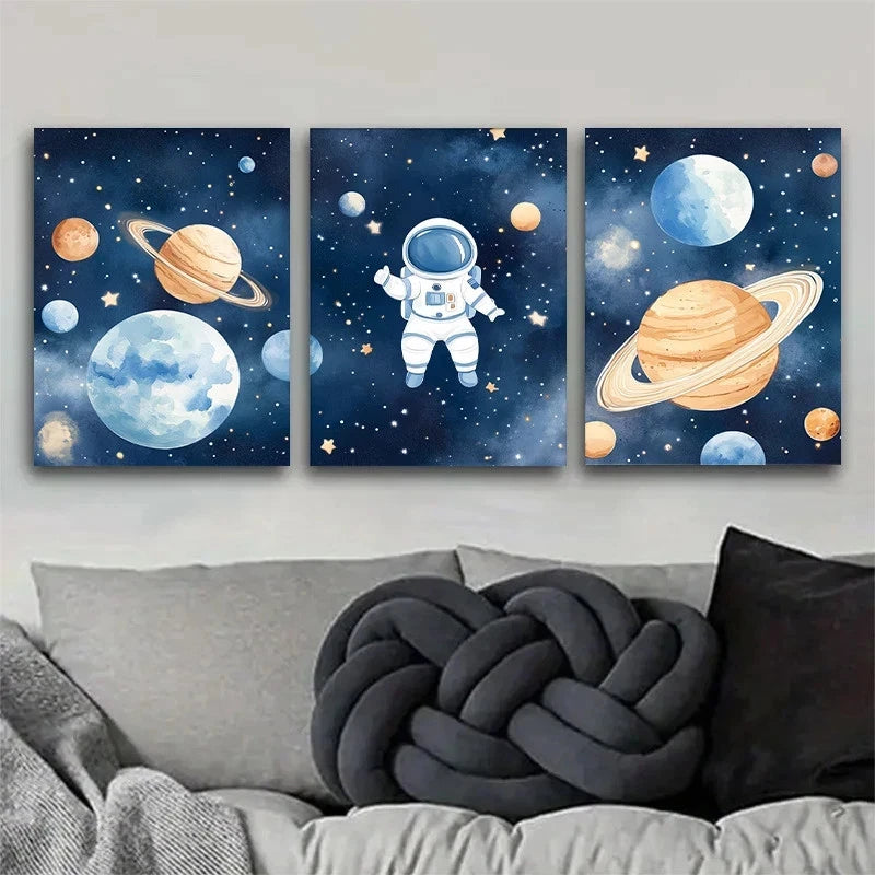 3pcs Astronaut & Planets Modern Watercolor Style Metal Print Ready to Hang Art