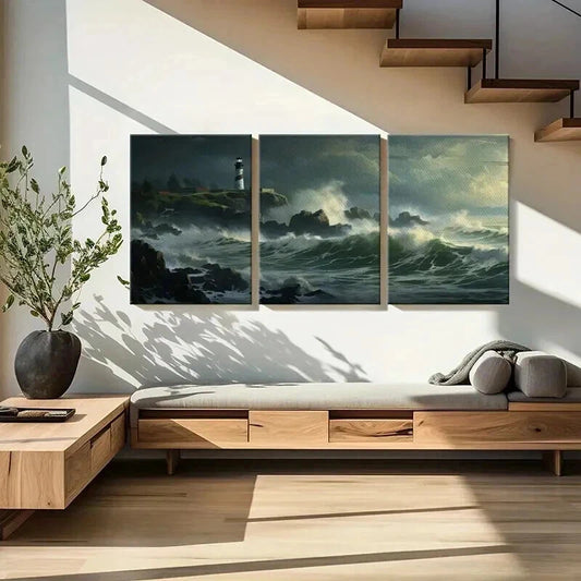 3pcs Lighthouse Overlooking Stormy Sea Waves Wall Art Set Canvas Framed 40x60cm - High Quality Print 100% Australian Made Wall Canvas Ready to Hang