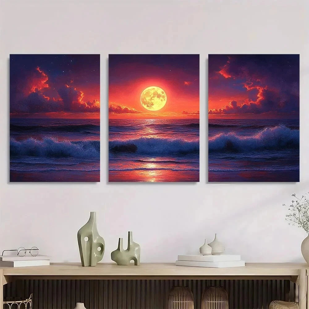 3pcs Sunset and Moon by The Sea Metal Print Ready to Hang Art