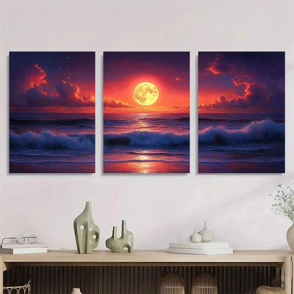 3pcs Sunset and Moon by The Sea Metal Print Ready to Hang Art
