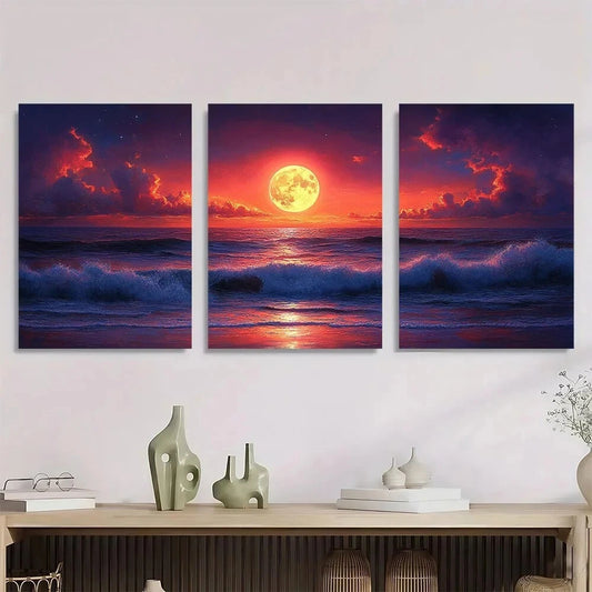 3pcs Sunset and Moon by The Sea Metal Print Ready to Hang Art