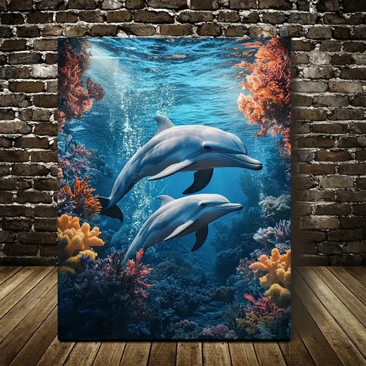 Scene of Dolphin Playing Together Underwater Painting  40x60cm Metal Print Ready to Hang