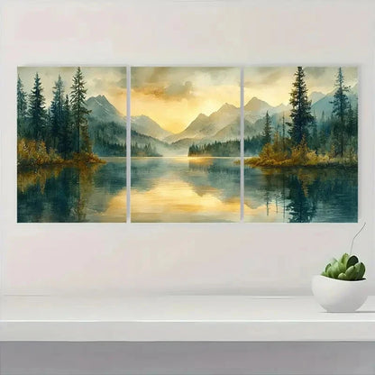 3pcs Watercolor Pine Forest Reflections Landscape Metal Print Ready to Hang Art