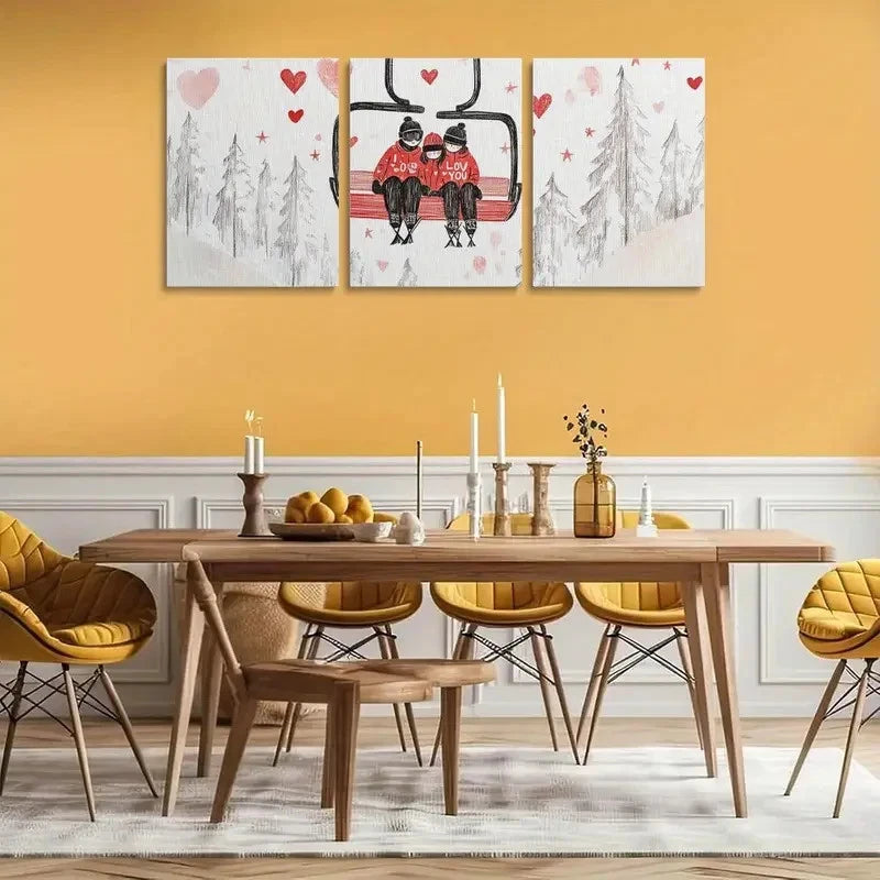 3pcs Paintings of Skiers on a Chairlift Metal Print Ready to Hang Art