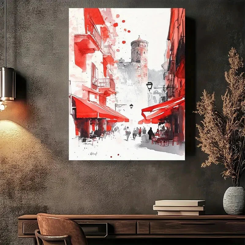 Beautiful Red Paris Street Scene Vibrant Red Painting 40x60cm Metal Print Ready to Hang