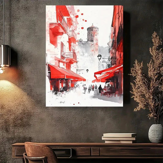 Beautiful Red Paris Street Scene Vibrant Red Painting 40x60cm Metal Print Ready to Hang