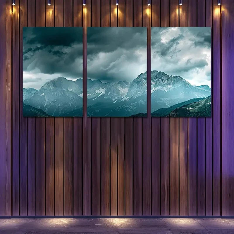 3pcs Majestic Mountains Under A Stormy Sky Wall Art Set Canvas Framed 60x90cm - High Quality Print 100% Australian Made Wall Canvas Ready to Hang