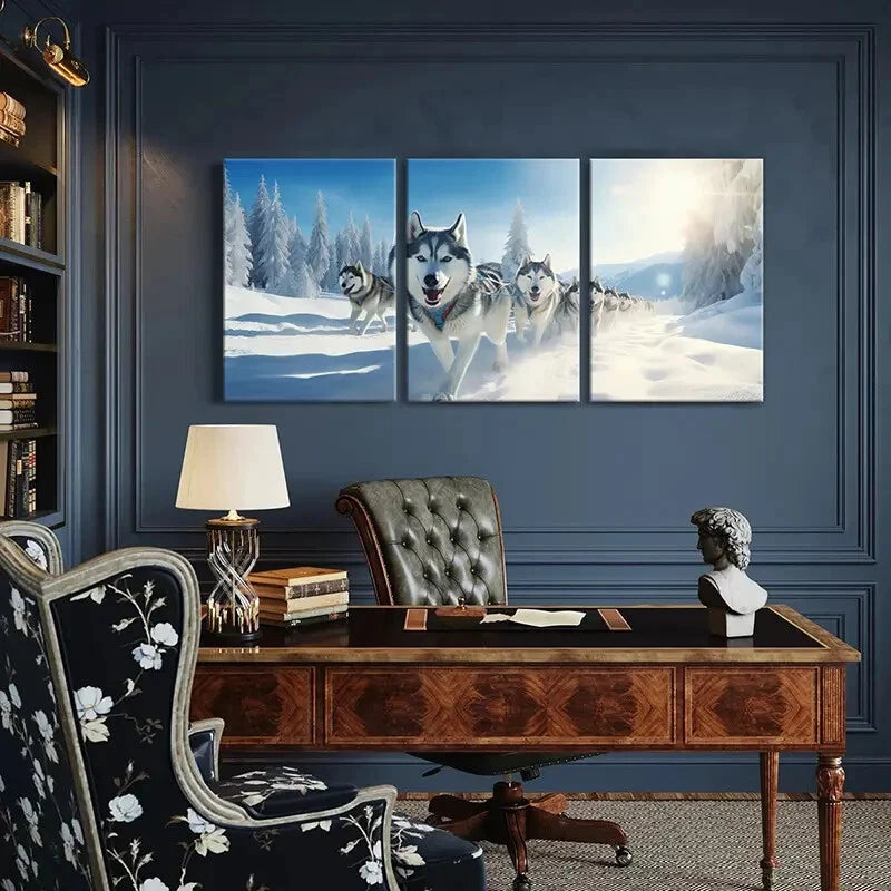 3pcs Siberian Husky Winter Landscape Metal Print Ready to Hang Art