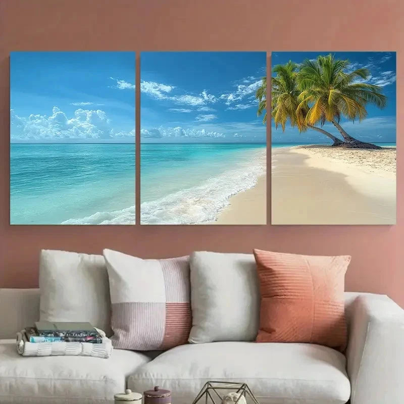 3pcs Exotic Tropical Beach Paradise Palm Tree Wall Art Set Canvas Framed 50x70cm - High Quality Print 100% Australian Made Wall Canvas Ready to Hang